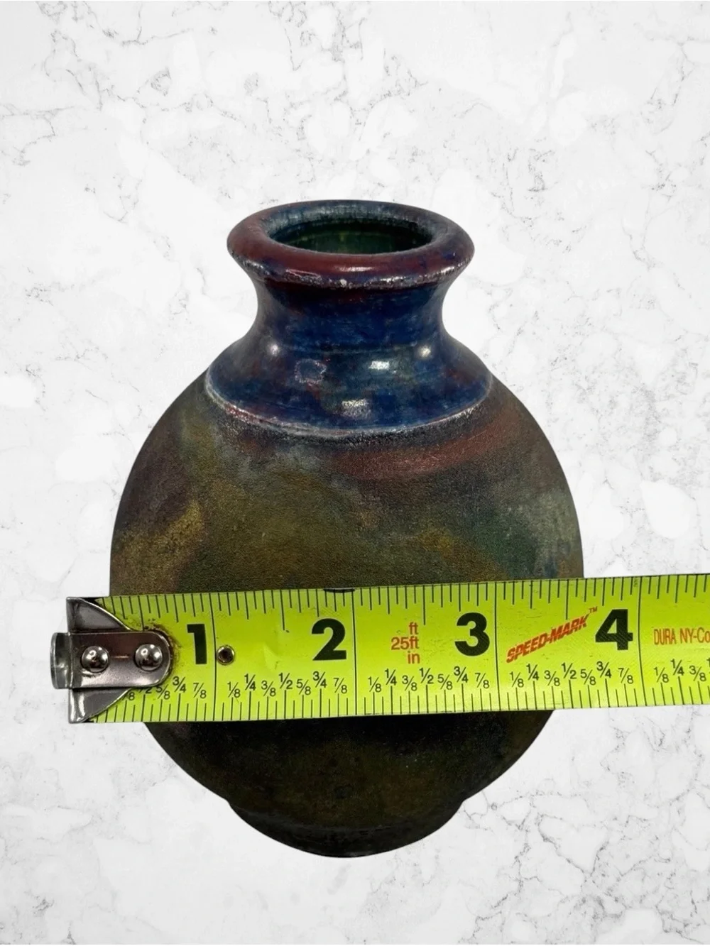 Vintage Raku Art Pottery Bud Table Vase Floral Green Gold Blue Artisan Signed